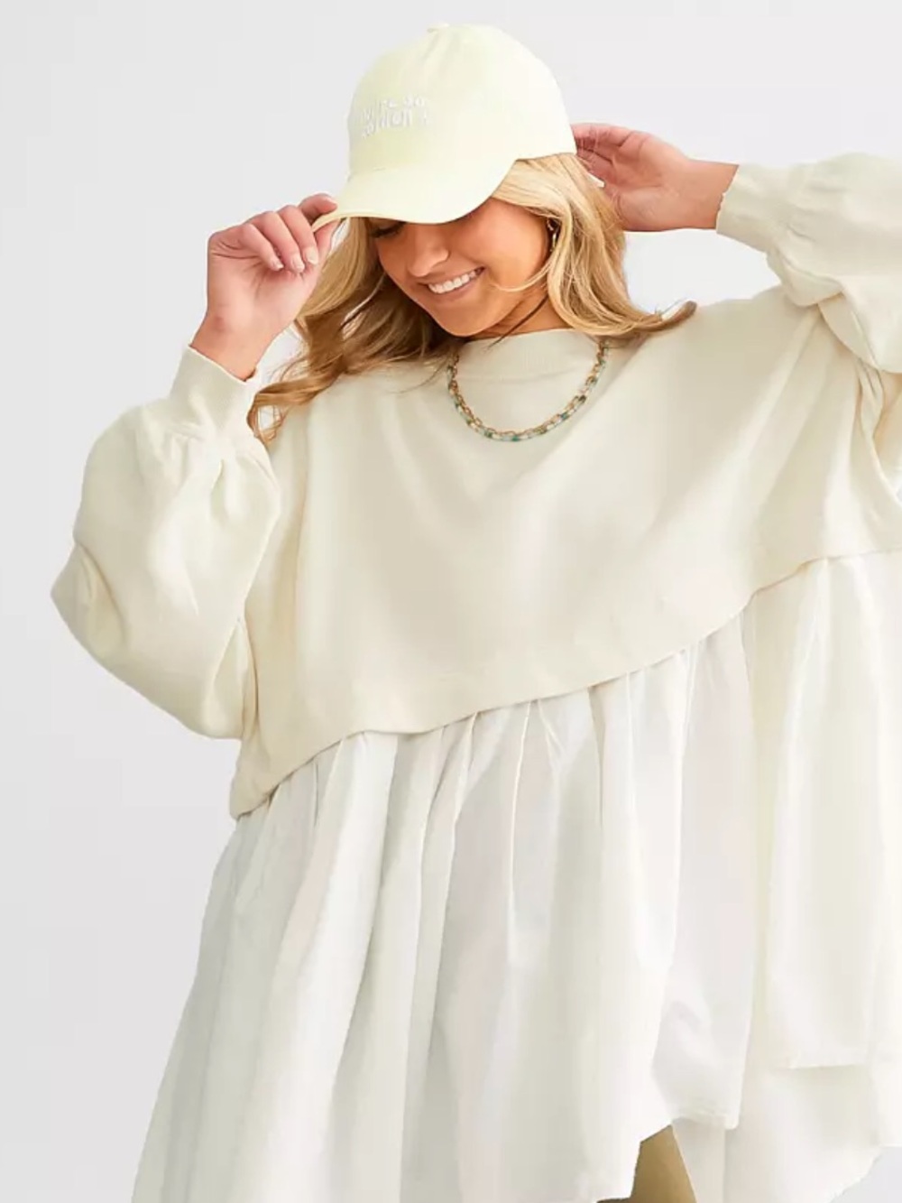 Free People Eleanor Sweatshirt dress Cream pleated skirt heart embroidery NWOT